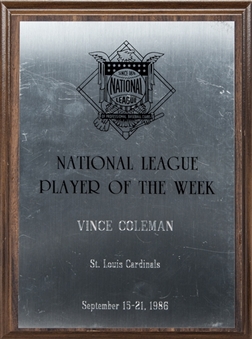 1986 Vince Coleman Signed National League Player of the Week Award (Coleman LOA)
